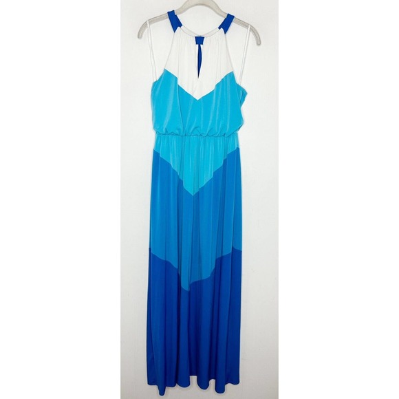 Vince Camuto Blue Chevron Maxi Dress Stretch Halter Sleeveless Sz 4 Color Block - Picture 2 of 9